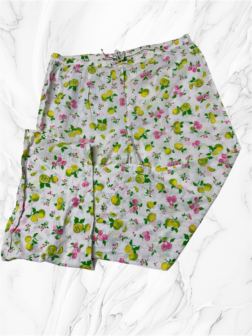Vintage White Cotton Pajama Shorts with Pink & Green Floral Print